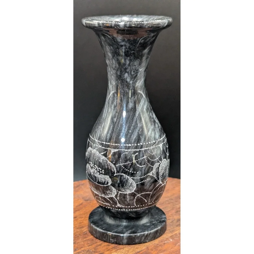 Vintage Black Marble Bud Vase With Etched‎ Florals Polished Base 5